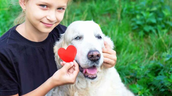 girl with her senior dog and a heart