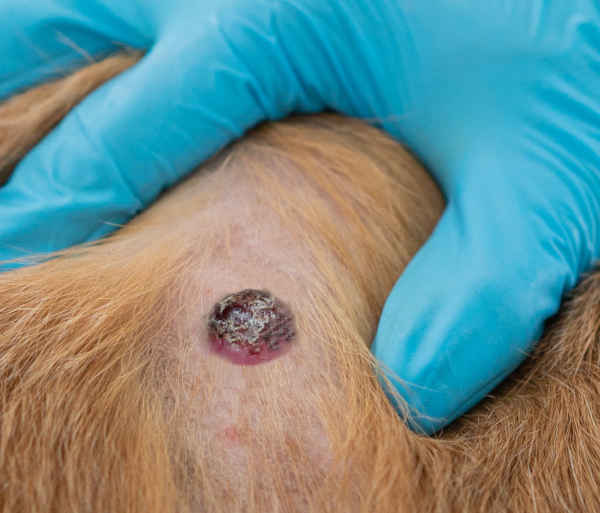 veterinarian showing dog skin with histiocytoma turning black