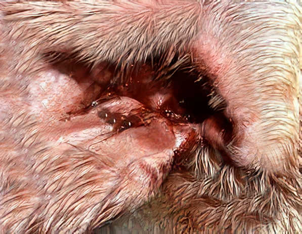 Closeup of dog ear showing thick brown discharge, symptom of ear mites