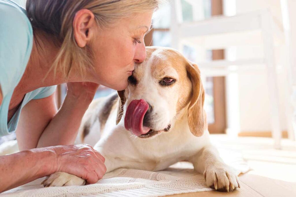 woman kissing her senior dog