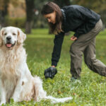 owner picking up after the dog at the park