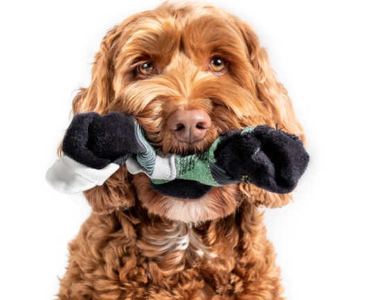 dog with sock in mouth