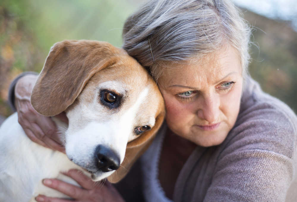 woman hugs senior dog