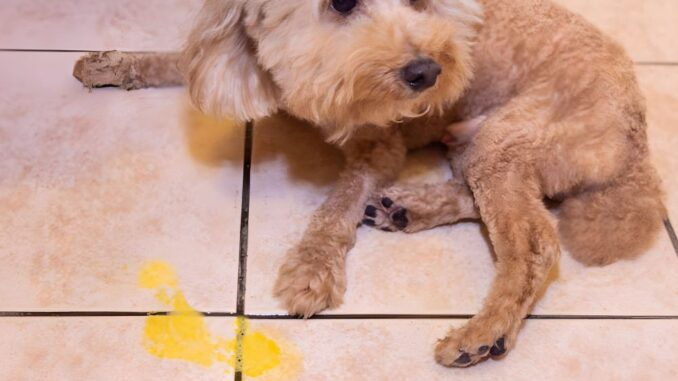 senior dog who has just vomited yellow bile on the floor